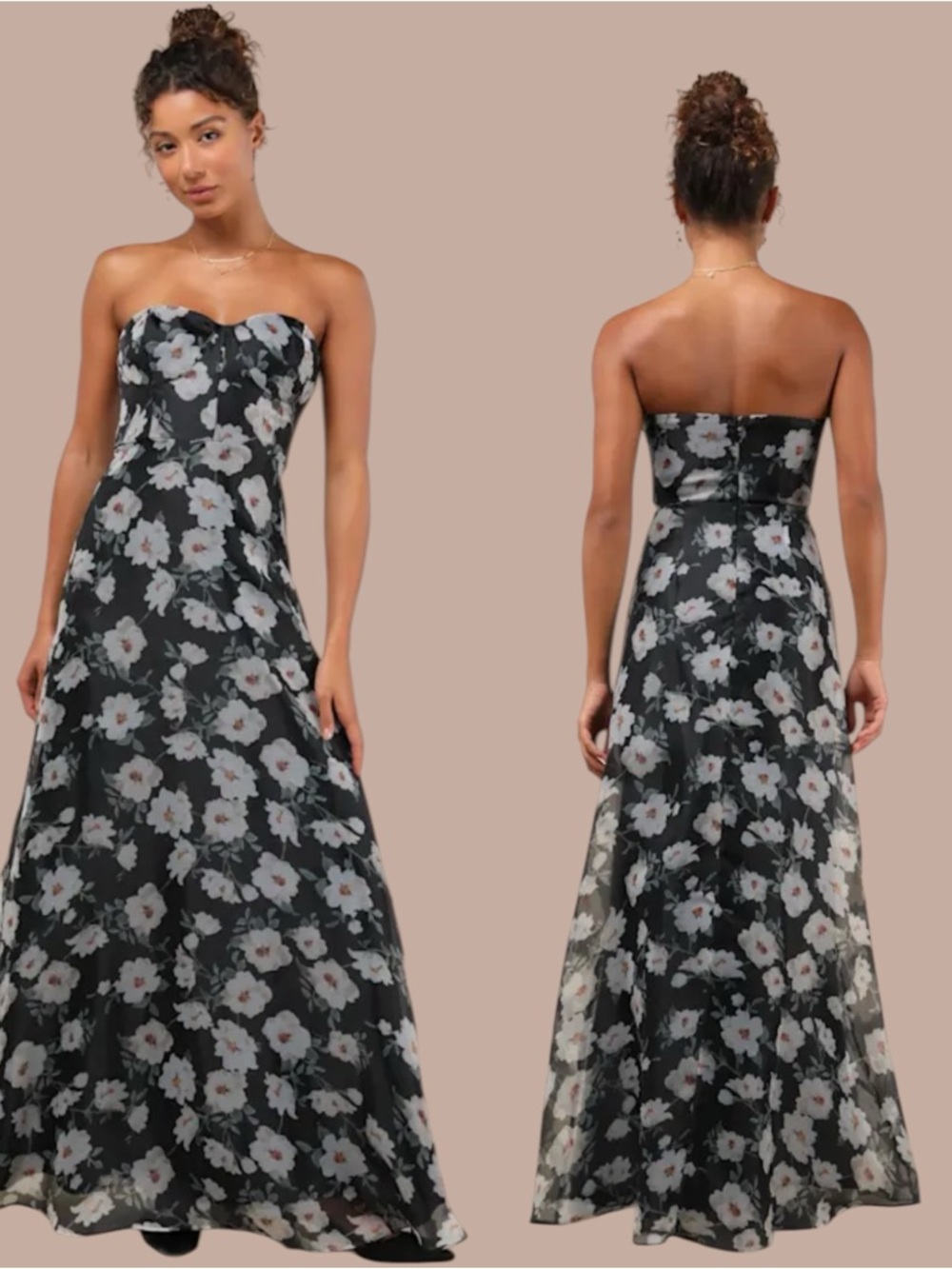 Lulus Chic Preciousness Black Floral Organza Bustier Maxi Dress size S